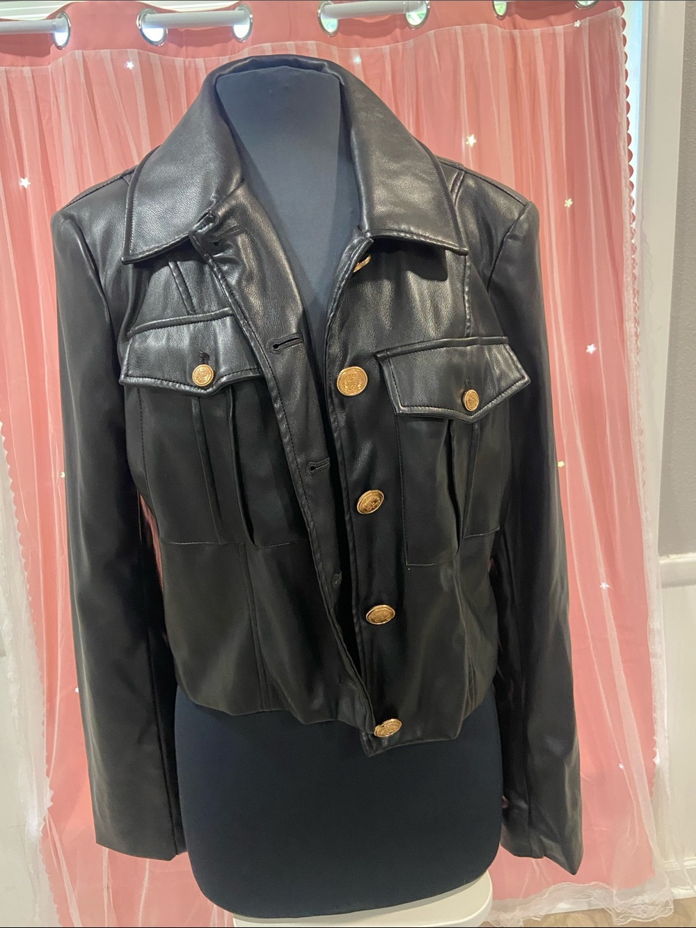 Avec Les Filles Black Faux Leather Jacket with Gold Buttons size XL